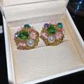 Vintage Alloy Floral Stud Earrings With Pearl Rhinestone Enamel Court Style view 3