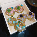 Vintage Alloy Floral Stud Earrings With Pearl Rhinestone Enamel Court Style view 1