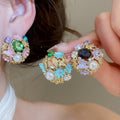Vintage Alloy Floral Stud Earrings With Pearl Rhinestone Enamel Court Style view 2