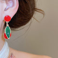 Vintage Alloy Silver Needle Enamel Cherry Pendant Drop Earrings For Women Light Luxury Style view 3