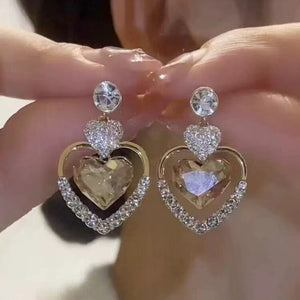 Gold Alloy Rhinestone Heart Drop Earrings For Women Light Luxury Elegant Versatile Jewelry
