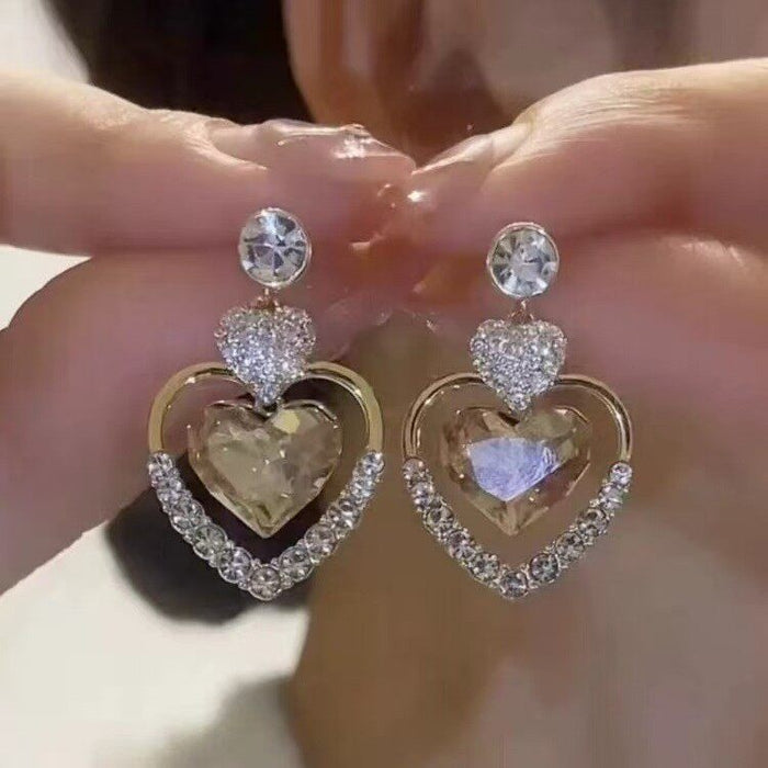 Gold Alloy Rhinestone Heart Drop Earrings For Women Light Luxury Elegant Versatile Jewelry