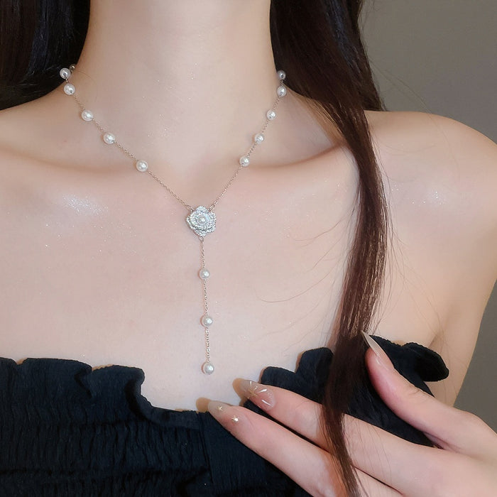 French Vintage Sparkling Zircon Floral Faux Pearl Y Necklace With Bamboo Link Light Luxury Style