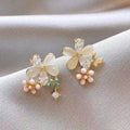 Delicate Floral Petal Cat Eye Stone Oval Stud Earrings With Sparkling Rhinestones Light Luxury Style view 1