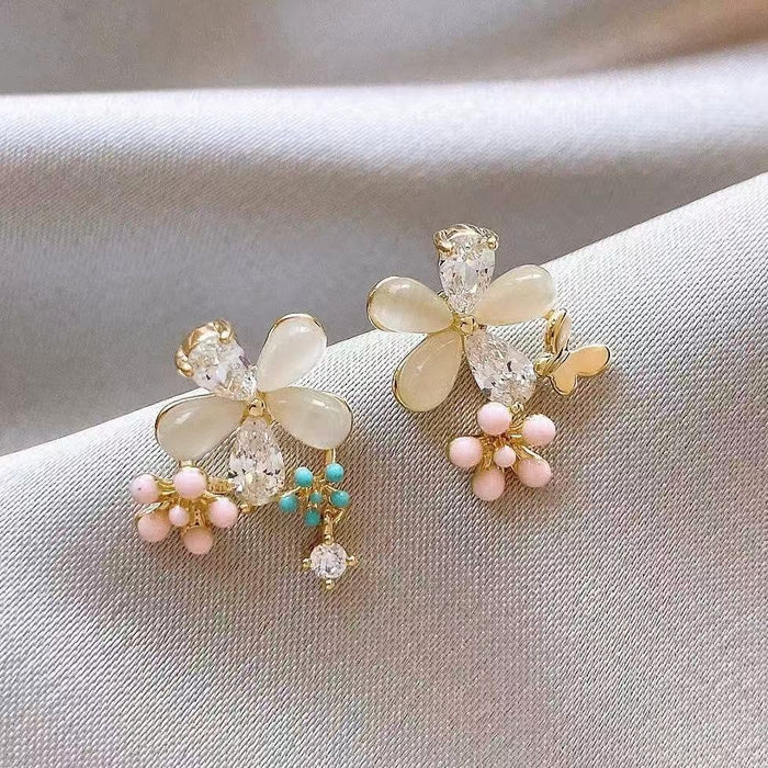 Delicate Floral Petal Cat Eye Stone Oval Stud Earrings With Sparkling Rhinestones Light Luxury Style