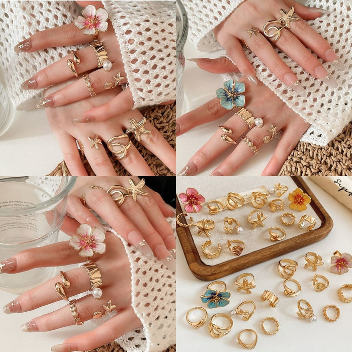 Enamel Starfish Flower Faux Pearl Ring Fashion OL Style Floral Statement Jewelry