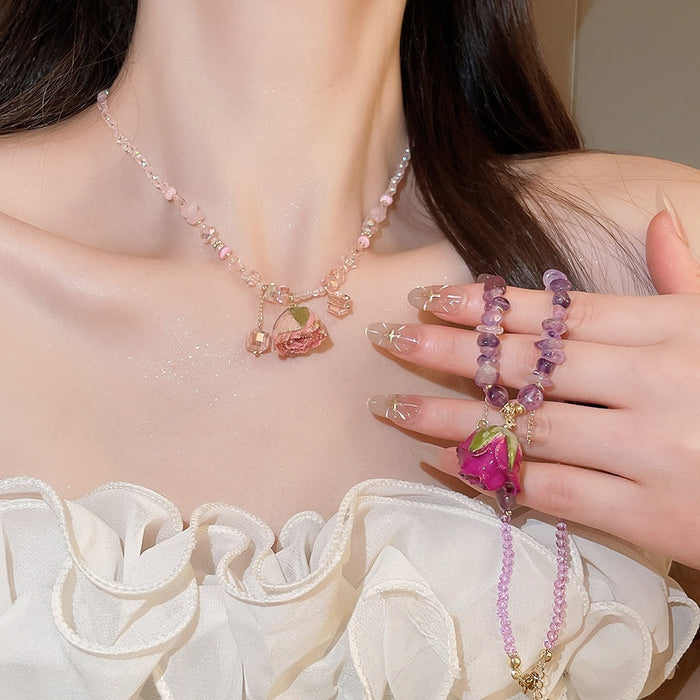 Glass Crystal Amethyst Beaded Eternal Rose Flower Pendant Necklace Vacation Style Clavicle Choker