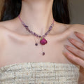 Glass Crystal Amethyst Beaded Eternal Rose Flower Pendant Necklace Vacation Style Clavicle Choker view 3