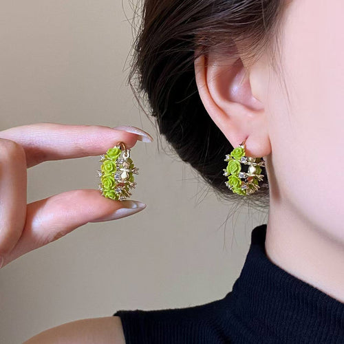 Dopamine Rose Flower Zircon Resin Hoop Earrings For Women Light Luxury OL Fashion Jewelry