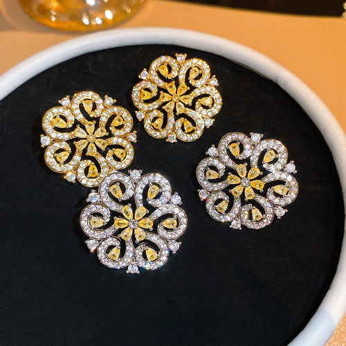 18K Gold Plated Copper Zircon Flower Stud Earrings With Silver Pins Vintage Chinese Style