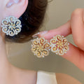 18K Gold Plated Copper Zircon Flower Stud Earrings With Silver Pins Vintage Chinese Style view 2