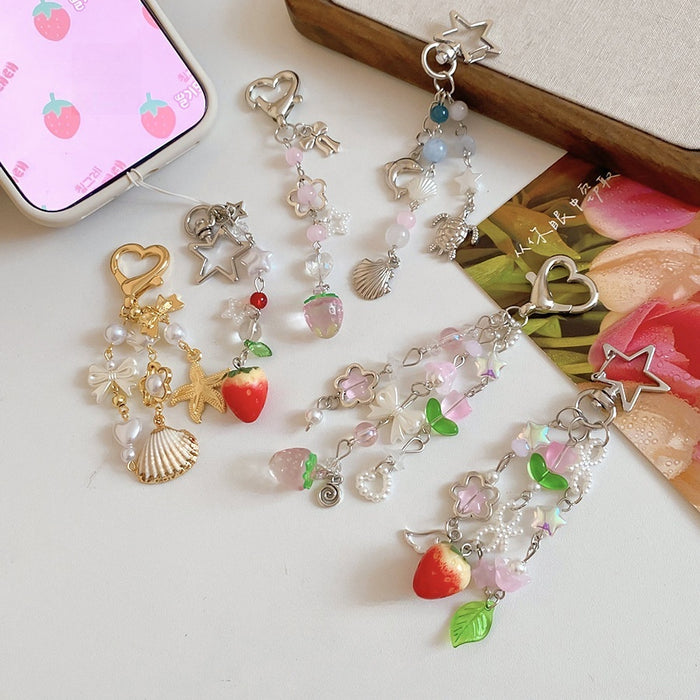 Cute Acrylic Strawberry Pearl Star Crystal Pendant Necklace With Flower Shell Bow Charm Style