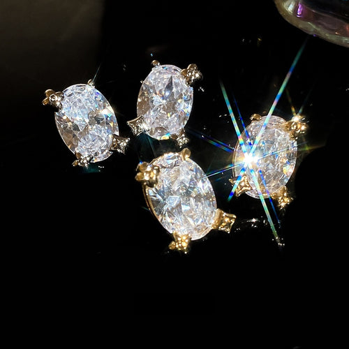 18K Gold Plated Copper Oval Zircon Stud Earrings For Women Light Luxury Geometric Jewelry