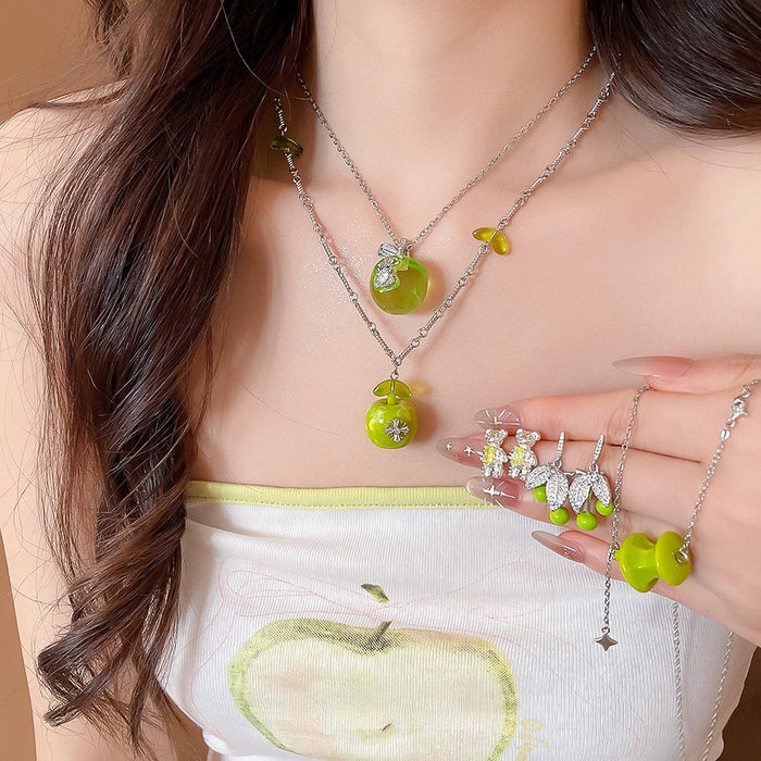 Korean Sweet Green Apple Beaded Copper Necklace And Earrings Jewelry Set Fresh Forest Girl Style