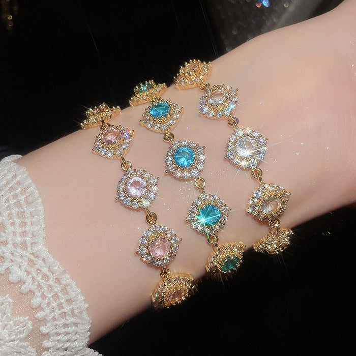 18K Gold Plated Copper Zircon Round Flower Bangle Court Style Geometric Bracelet For Women
