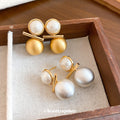18K Gold Plated Copper Round Pearl Stud Earrings French Vintage Light Luxury Jewelry view 3