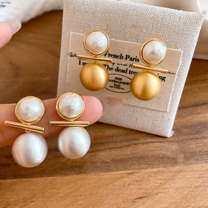 18K Gold Plated Copper Round Pearl Stud Earrings French Vintage Light Luxury Jewelry