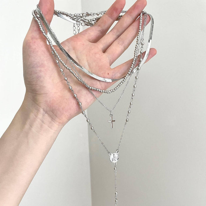 Silver Iron Cross Tassel Multilayer Necklace Vintage Old Money Geometric Collarbone Chain