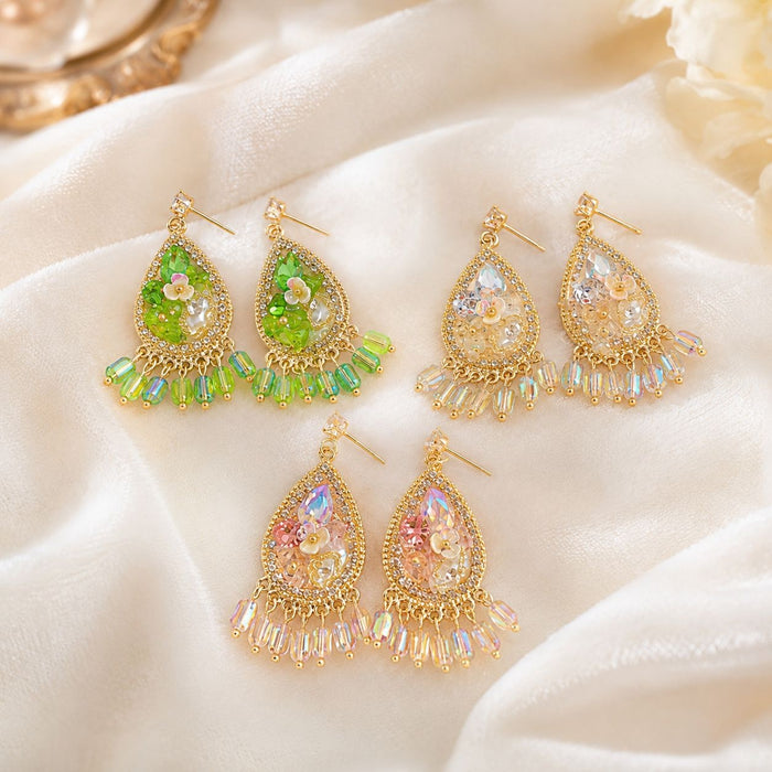 Bohemian Teardrop Alloy Rhinestone Crystal Beaded Tassel Chandelier Luxury Ethnic Women's Earrings