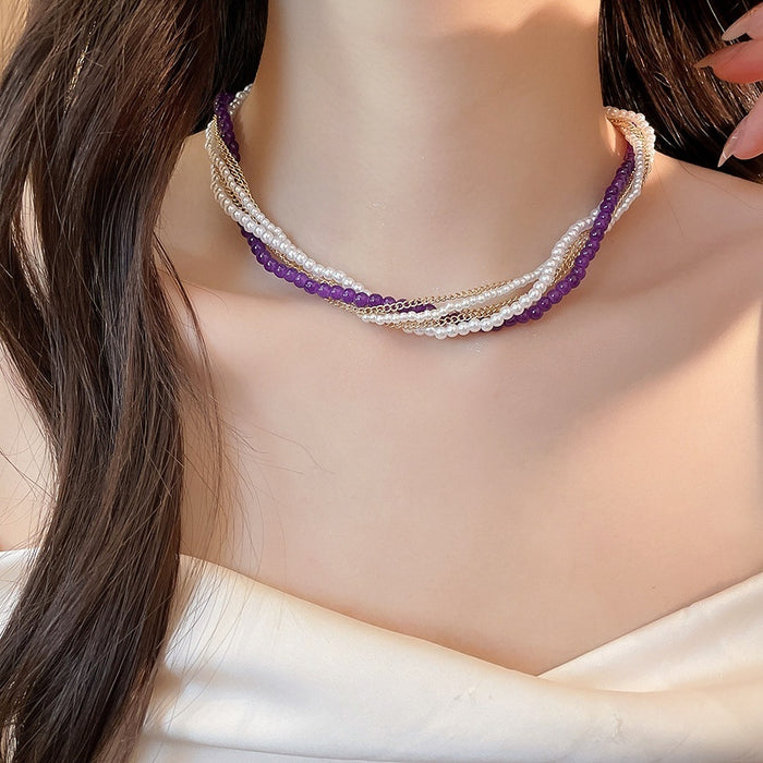 Old Money Style Layered Imitation Pearl Beaded Geometric Choker Necklace For Women