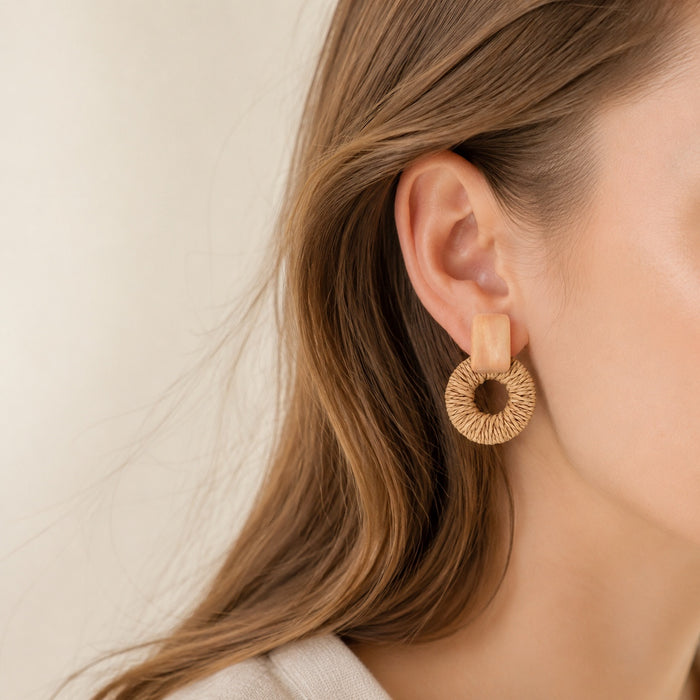 Bohemian Raffia Straw Woven Round Hoop Drop Dangle For Summer Beach Vacation Statement Earrings