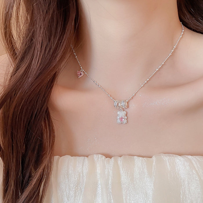Cute Zircon Heart Bear Copper Collarbone Necklace For Women Light Luxury Animal Pendant Jewelry