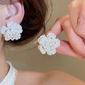 Sweet Floral Crystal Faux Pearl Woven Stud Earrings With Silver Pins For Women view 3
