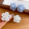 Sweet Floral Crystal Faux Pearl Woven Stud Earrings With Silver Pins For Women view 4