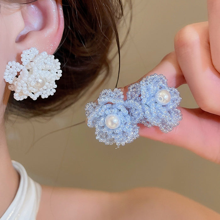 Sweet Floral Crystal Faux Pearl Woven Stud Earrings With Silver Pins For Women