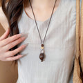 Old Money Style Resin Teardrop Necklace With Leather Cord Wood Beads Geometric Pendant For Women view 4