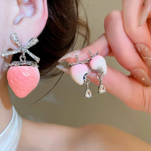 Sweet Girl Resin Strawberry Bow Rhinestone Stud Earrings With Silver Pins Summer Cute Style