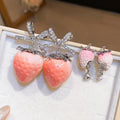 Sweet Girl Resin Strawberry Bow Rhinestone Stud Earrings With Silver Pins Summer Cute Style view 3