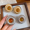 French Vintage Alloy Resin Round Textured Stud Earrings Geometric Niche Design Jewelry view 4