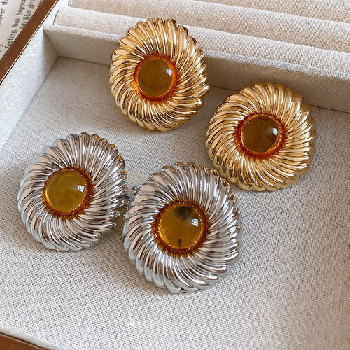 French Vintage Alloy Resin Round Textured Stud Earrings Geometric Niche Design Jewelry