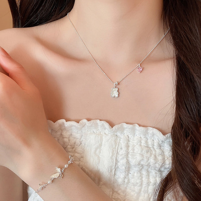 Copper Zircon Shell Butterfly Bear Pearl Necklace Bracelet Jewelry Set, Korean Light Luxury Floral Style