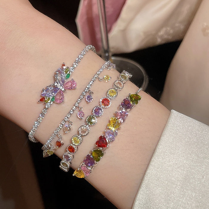 Light Luxury Copper Beaded Bracelet With Colorful Zircon Heart Butterfly Charm