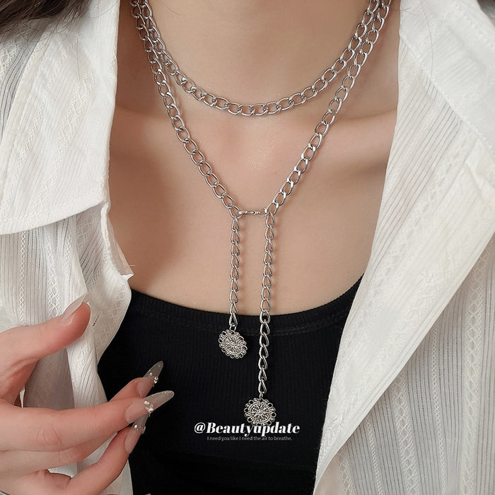 Old Money Style Alloy Geometric Circle Tassel Chain Necklace Minimalist Clavicle Jewelry