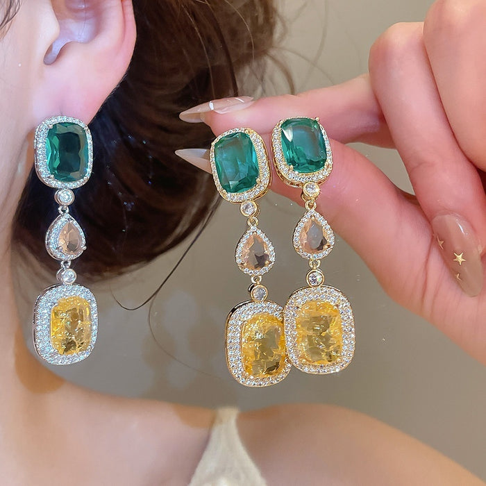 Vintage Copper Zircon Square Stud Earrings With Silver Posts, Retro Palace Style