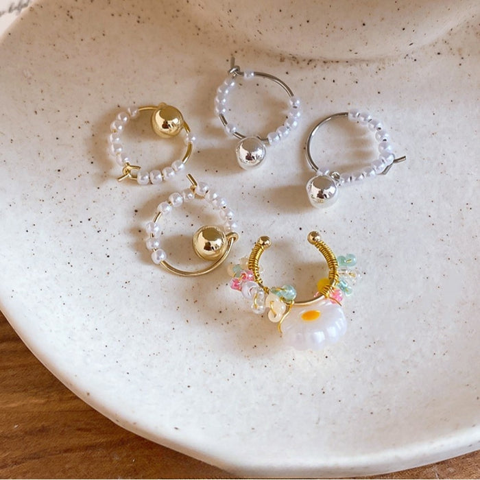 Korean Minimalist Faux Pearl Floral C-Shaped Ear Clip Hoop Jewelry Set Elegant Fashion Earrings