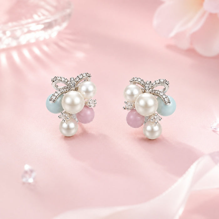 Luxury Elegant Women's Rhinestone Bowknot Colorful Faux Pearl Beaded Cluster Alloy Stud Earrings