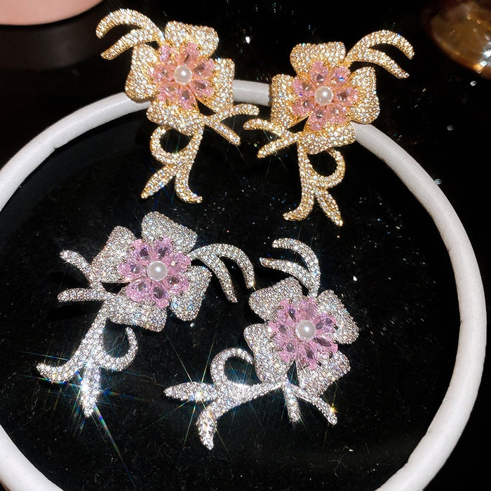 18K Gold Plated Zircon Flower Faux Pearl Stud Earrings For Women Light Luxury Elegant Jewelry