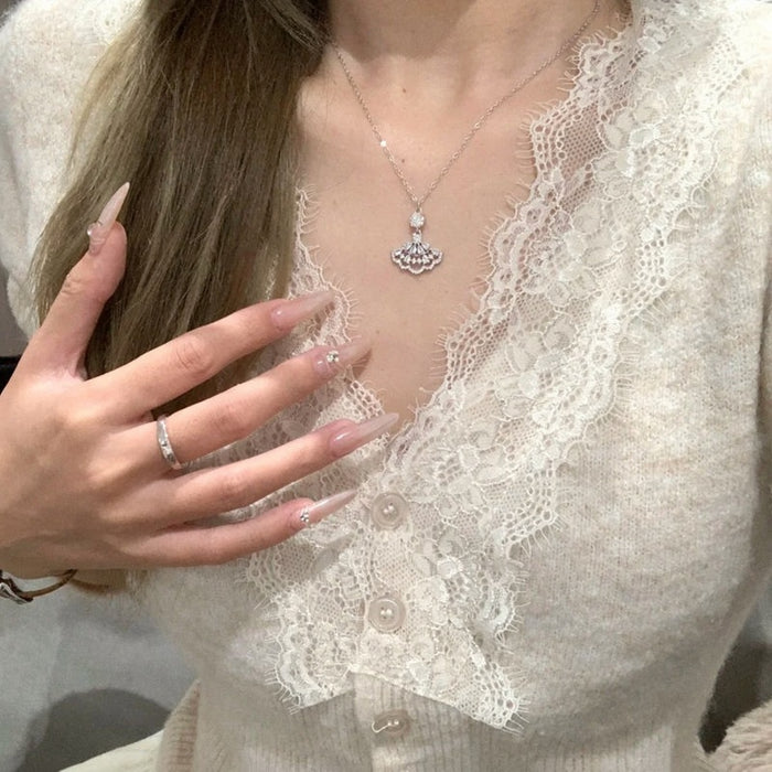 2026 New Light Luxury Copper Zircon Fan Pendant Necklace, Geometric Sparkling Collarbone Chain