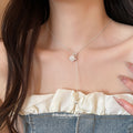 Old Money Copper Zircon Flower Cluster Pearl Sweater Necklace, Geometric Light Luxury Clavicle Chain view 3