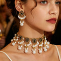 Vintage Hollow Teardrop Alloy Rhinestone Faux Pearl Tassel Statement Jewelry Set Luxury Earrings view 4