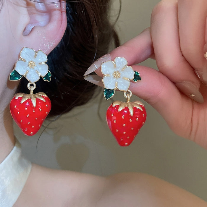 Sweet Strawberry Enamel Alloy Stud Earrings With Silver Pins, Cute Pastoral Fruit Design For Women