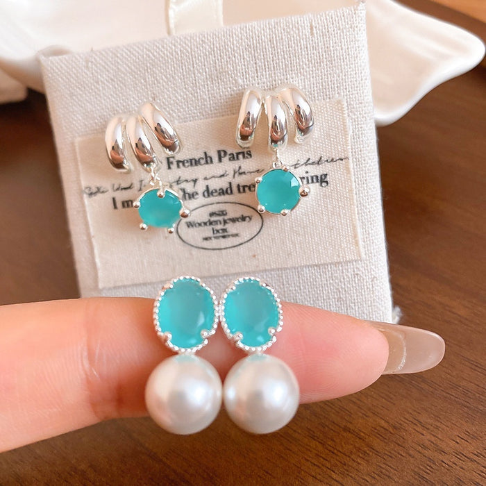French Style Aquamarine Zircon Faux Pearl Geometric Round Stud Earrings For Women
