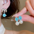 French Style Aquamarine Zircon Faux Pearl Geometric Round Stud Earrings For Women view 2