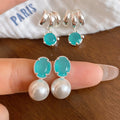 French Style Aquamarine Zircon Faux Pearl Geometric Round Stud Earrings For Women view 3