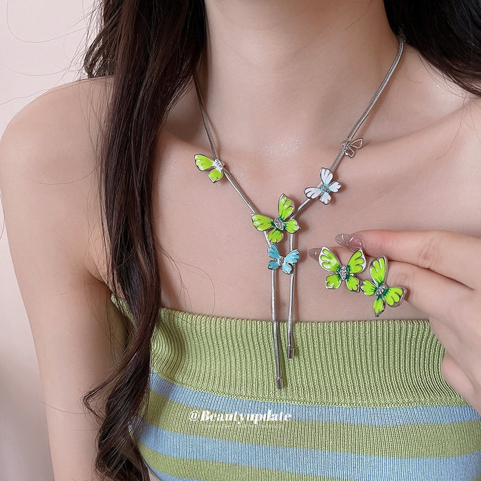Alloy Rhinestone Enamel Butterfly Stud Earrings Necklace Jewelry Set For Women Forest Fairy Style