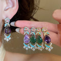 Vintage Copper Enamel Zircon Oval Necklace And Stud Earrings Jewelry Set Palace Style view 4